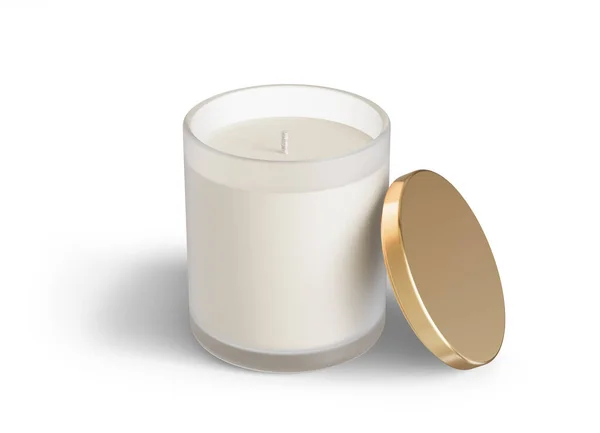 Minimalist Candle Mockup Frosted Glass Candle Jar Golden Lid Open — Stock Photo, Image
