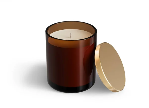 Minimalist Candle Mockup Amber Glass Candle Jar Golden Lid Open — Stock Photo, Image