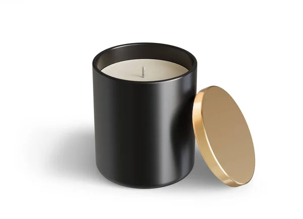 Minimalist Candle Mockup Black Ceramic Candle Jar Gold Lid Open — Stock Photo, Image