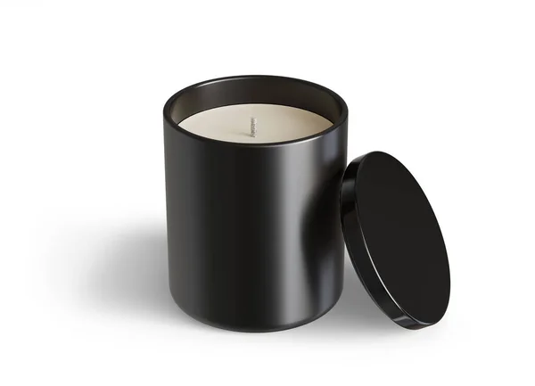 Minimalist Candle Mockup Black Ceramic Candle Jar Glossy Black Lid — Stock Photo, Image