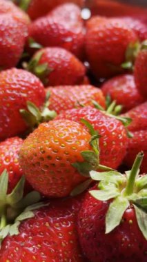 Taze kırmızı çilekler, sağlıklı vejetaryen yemekleri dikey dik çekim, kamera hareket ediyor.