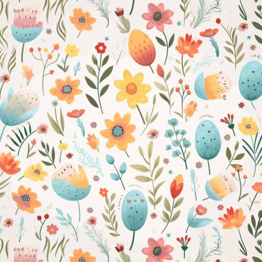 Pastel renklerde çiçek deseni, stil laleler, bahar çiçekleri ve beyaz arka planda yapraklar, vektör illüstrasyonu