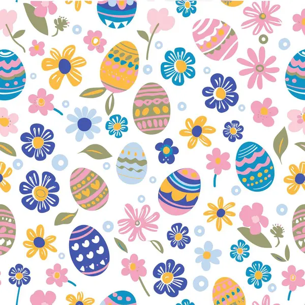 Patrón Pascua Flores Primavera Huevos Decorados Colores Sobre Fondo Blanco — Vector de stock