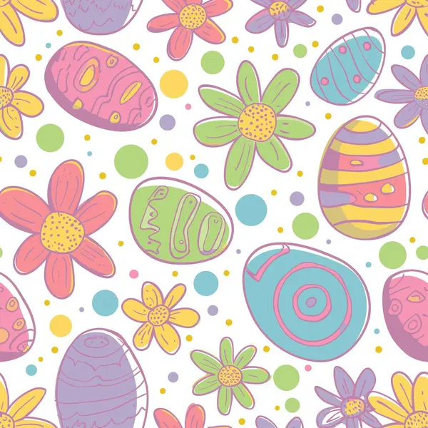 Padrão Páscoa Flores Primavera Ovos Decorados Coloridos Fundo Branco Ilustração —  Vetores de Stock