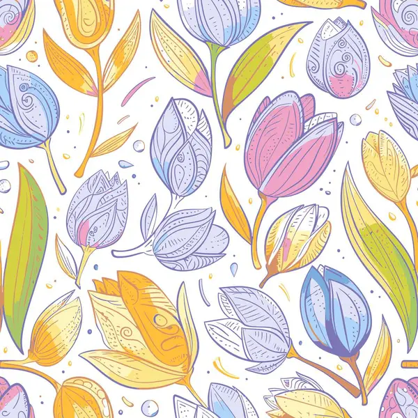 Patrón Floral Colores Pastel Tulipanes Estilizados Flores Primavera Hojas Sobre — Archivo Imágenes Vectoriales