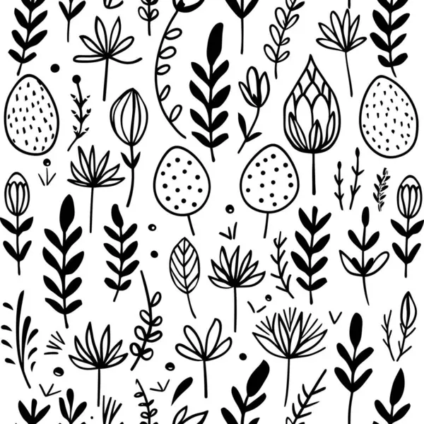 Schwarz Weiße Illustration Von Blumen Und Pflanzen Minimalistisch Gestaltete Blumen — Stockvektor