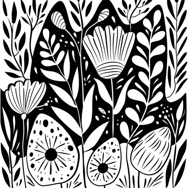 Ilustração Preto Branco Flores Plantas Florals Estilo Minimalista Fundo Primavera —  Vetores de Stock