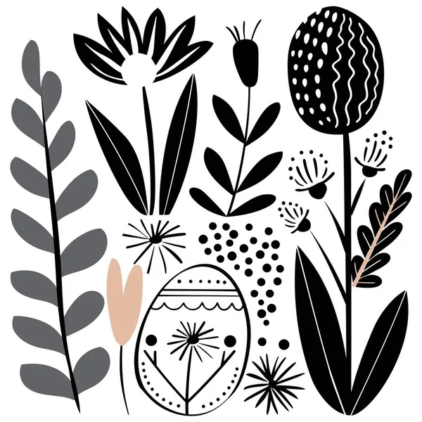 Illustration Noir Blanc Fleurs Plantes Fleurs Minimalistes Fond Printanier Simpliste — Image vectorielle