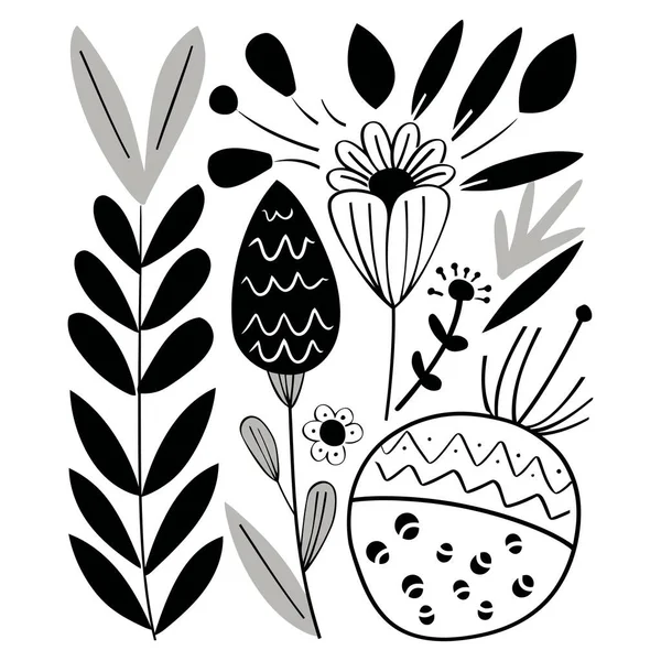 花和植物的黑白插图 简约主义风格的花朵 简约的春天背景 — 图库矢量图片#