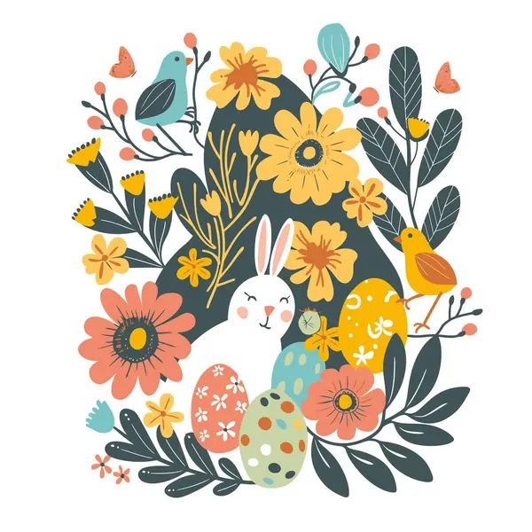 春天的病媒图解 有鸟类和植物的复活节兔子 简约风格的花卉 春天的季节正方形背景 — 图库矢量图片#