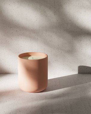 Yumuşak pembe bir tutucunun içindeki bu şık mum zarif bir şekilde arka plan güçlendiren gölge oyununa karşı koyulmuştur.