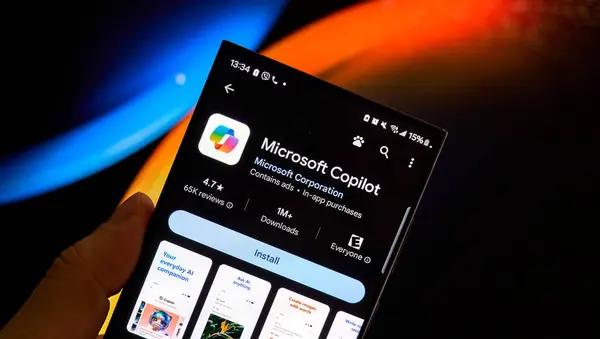 stock image Dallas TX, USA - February 24, 2024: Copilot android application on a cellphone. Microsoft Copilot is a chatbot developed by Microsoft. It is based on a large language model and is able.