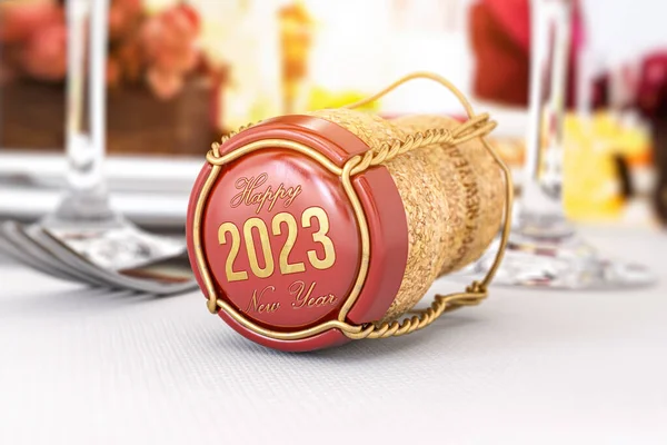 2023 Feliz Ano Novo Champaign Tampa Cortiça Com Sobre Mesa — Fotografia de Stock