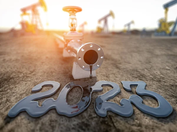 フォームオス2023とポンプジャックに油をこぼした油ポンプラインチューブ 石油産業のための幸せな新しい2023年 — ストック写真
