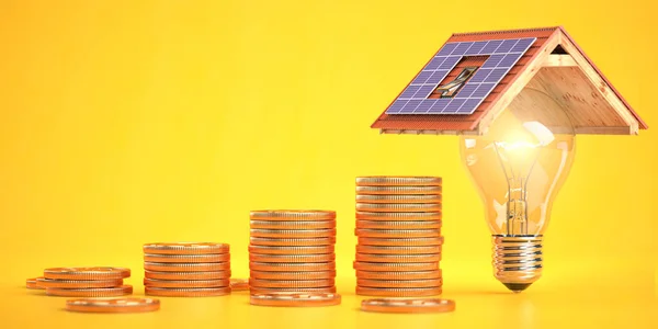 Stack of coins and  light bulb under a roof with solar panels.  Money saved  by using solar energy. 3d illustration