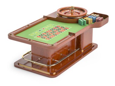 Kumarhane rulet masası, beyaz üzerine izole edilmiş çipler. 3d illüstrasyon