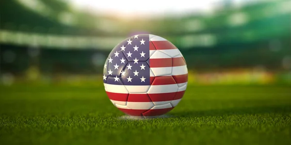 Football ball with flag of USA on the field of football stadium and space for name of football clubs. Football championship of United States concept. 3d illustration