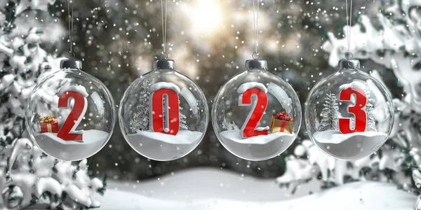 2023 Happy New Year Numbers 2022 Cristmas Trees Gifts Snow — Stock Photo, Image