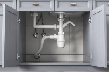 Siphon and pipes under the sink in the kitchen. 3d illustration clipart