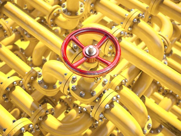 石油或天然气管阀门 石油和天然气控制 生产和运输工业背景 3D说明 — 图库照片