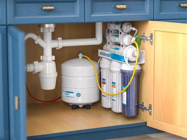 Umkehrosmose Wasseraufbereitungssystem Unter Dem Waschbecken Einer Küche Installation Eines Wasserreinigungssystems — Stockfoto