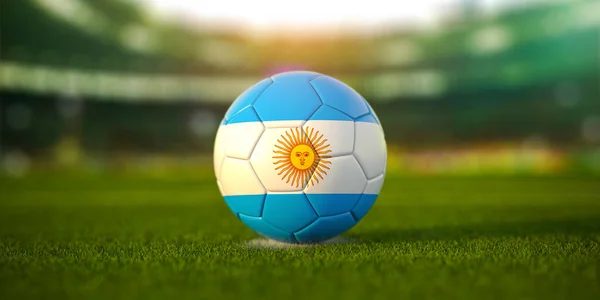 Football ball with flag of Argentina on the field of football stadium and space for name of football clubs. Football championship of Argentina concept. 3d illustration
