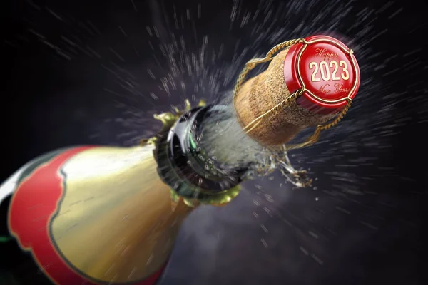 Happy New 2023 Year Campagne Bottle Cahmpagne Cork — Stock Photo, Image