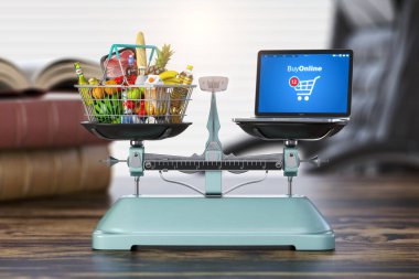 Online ve çevrimdışı karşılaştırma konsepti satın almak. Yiyecek ve dizüstü bilgisayarlı alışveriş sepeti ve denge terazisinde düzen. 3d illüstrasyon