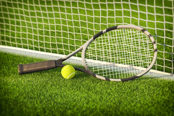 Tennisschläger Und Tennisball Auf Dem Rasen Des Tennisplatzes Illustration — Stockfoto