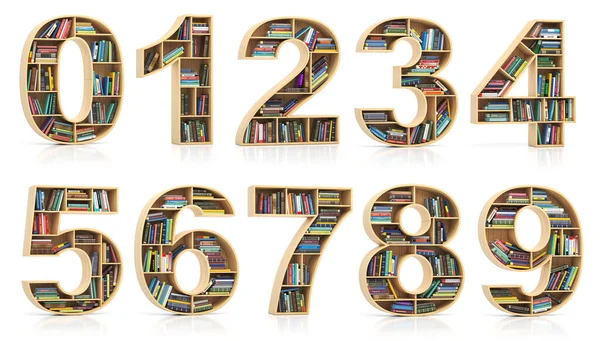 Sada Čísel Formě Regálu Knihami Učebnicemi Vzdělávací Vzdělávací Konceptuální Písmo — Stock fotografie
