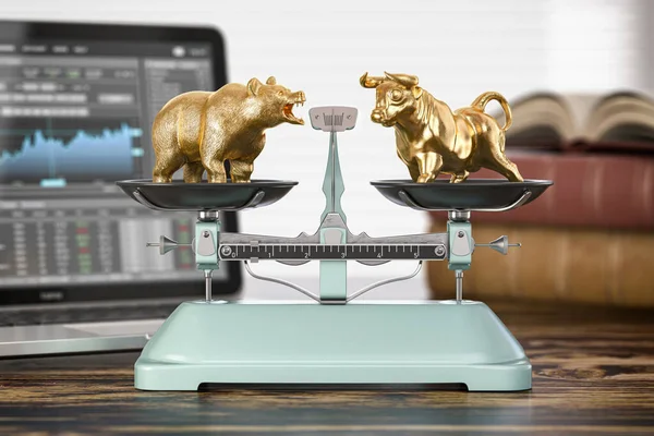 牛とバランスのスケールでクマ 証券取引所における弱気または強気相場の動向 3Dイラスト — ストック写真