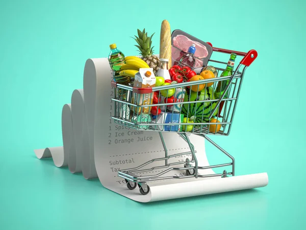 Shopping cart with foods on receipt. Grocery expenses budget, inflation and consumerism concept. 3d illustration