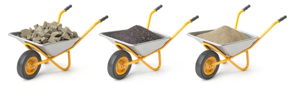 Set Wheelbarrow Full Construction Agriculture Materials Humus Stone Sand Isolated — Stock Photo, Image