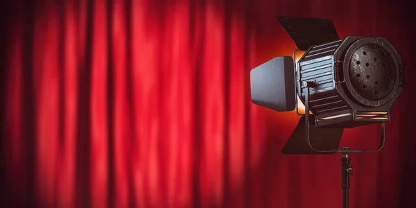 Stage or studio spotlight on red curtain background. Lighting equipment for Studio photography or videography. 3d illustration