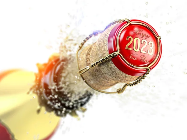 Happy New 2023 Year Champagne Bottle Champagne Cork 2023 Popping — Stock Photo, Image