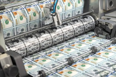 Bir baskı makinesine para basmak tipografi, finans, vergi, borsa ve yatırım, para yapma konsepti. 3d illüstrasyon