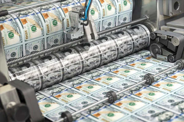 Printing money dollar bills on a print machine in typography.. Finance, tax, stock market and investment, making money concept. 3d illustration
