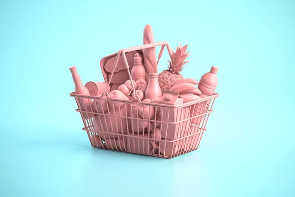 Pink shopping basket with pink food on blue background. Food buyng online and delivery. 3d illustration
