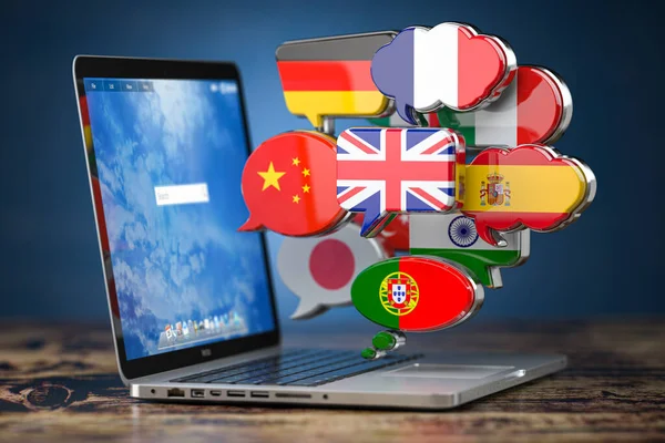 Global Kommunikation Ordbok Översättning Och Språkinlärning App Koncept Laptop Och — Stockfoto