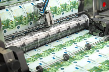Baskı makinesine para basmak, finans, vergi, borsa ve yatırım, para kazanma konsepti. 3d illüstrasyon