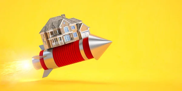 Real Estate market growth. Home value, mortgage rates and rent housing prices increasing concept. House on a flying rocket. 3d illustration