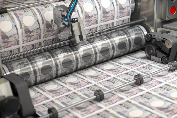 Printing money japan yen bills on a print machine in typography.. Finance, tax, stock market and investment, making money concept. 3d illustration