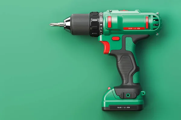 Green electric screwdriver drill on green background with space for text.  3d illustration