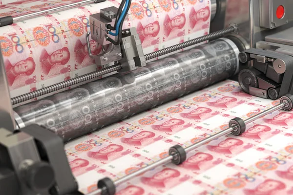 Printing money  yuan of China bills on a print machine in typography.. Finance, tax, stock market and investment, making money concept. 3d illustration
