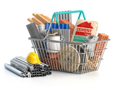 Shopping basket full of construction materials and tools with calculator. 3d illustration