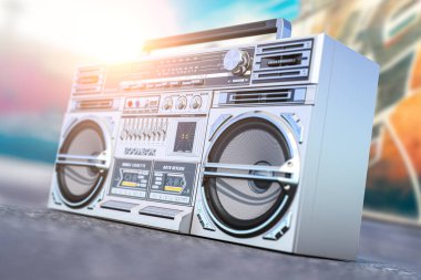 Retro vintage boombox ghetto blaster eskimiş radyo alıcısı ve kaset kaydedici. 3d illüstrasyon