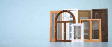 Windows and doora of different types. 3d illustration clipart