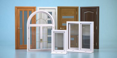 Windows and doora of different types isolated on white. 3d illustration