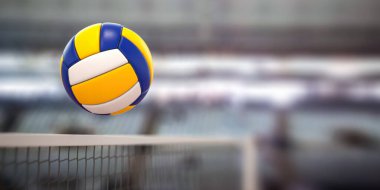 Volleyball ball and net in voleyball arena during a match. 3d illustration clipart