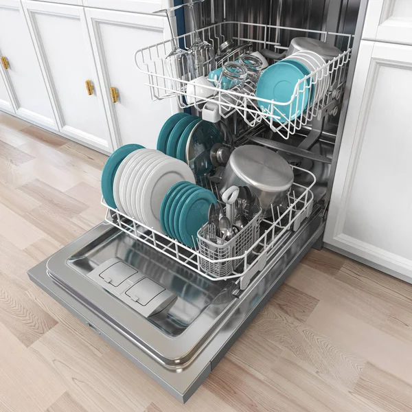 Máquina Lavar Louça Aberta Com Pratos Limpos Interior Cozinha Ilustração — Fotografia de Stock